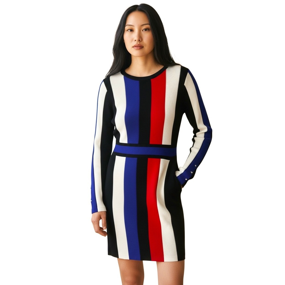 MIJAH Women Striped Knit Bodycon Dress Long Sleeve Red White Blue Black SZ L NWT